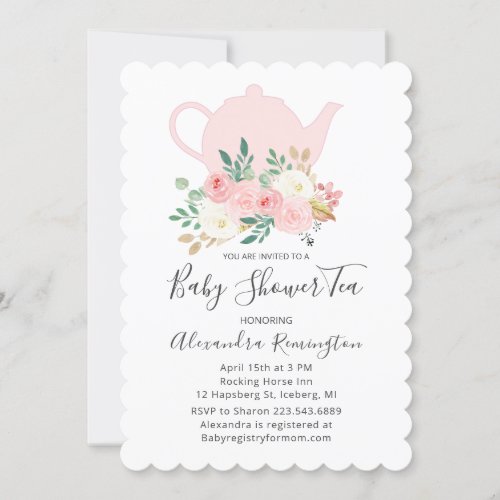 Pink Watercolor Floral Tea Baby Shower Invitation