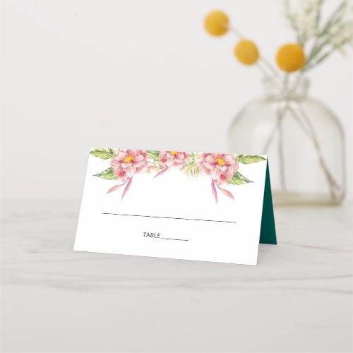 Pink Watercolor Floral Teal Wedding Reception Place Card