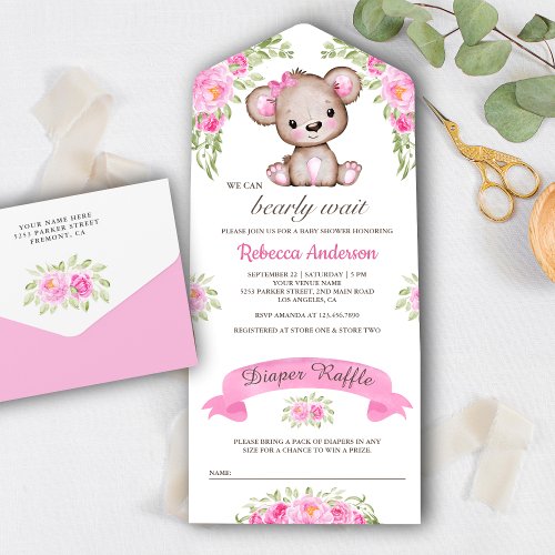 Pink Watercolor Floral Teddy Bear Baby Shower All In One Invitation