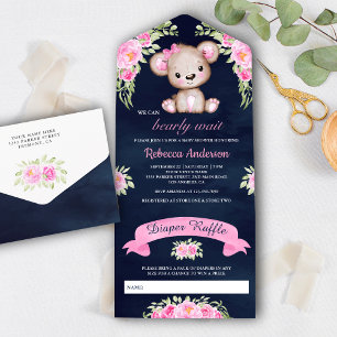 Pink Watercolor Floral Teddy Bear Navy Baby Shower All In One Invitation