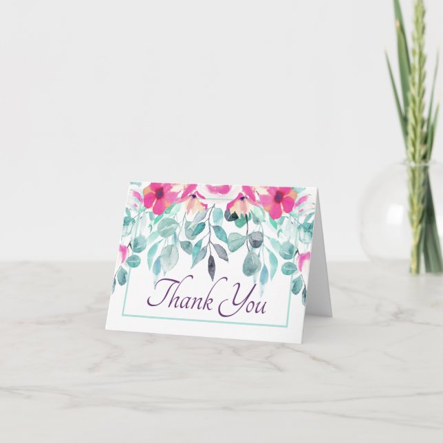 Pink watercolor floral thank you card (Front)