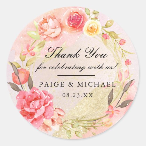 Pink Watercolor Floral Thank You Wedding Classic Round Sticker