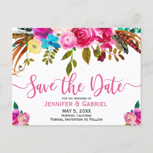 Pink Watercolor Floral Typography Save the Date Announcement Postcard