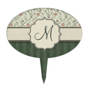 Pink Watercolor Floral Vines, Stripes and Monogram Cake Topper