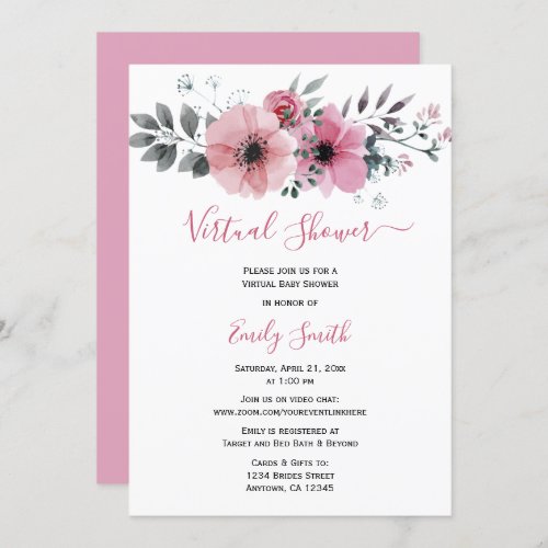 Pink Watercolor Floral  Virtual Baby Shower Invitation