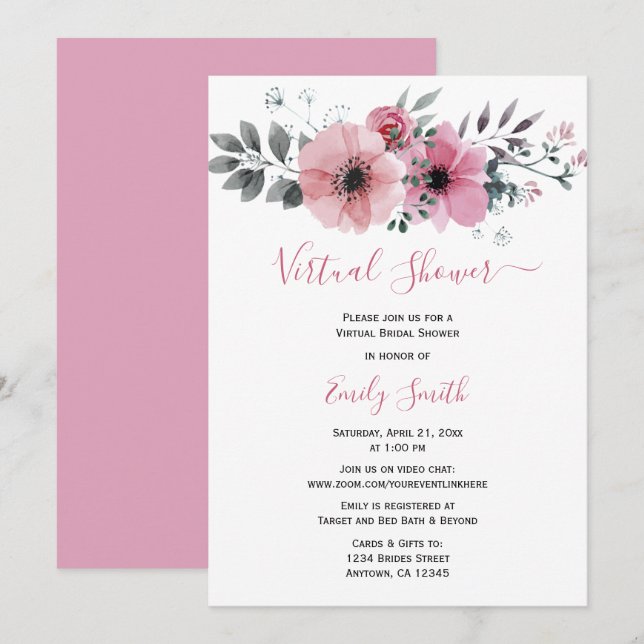 Pink Watercolor Floral | Virtual Bridal Shower Invitation (Front/Back)
