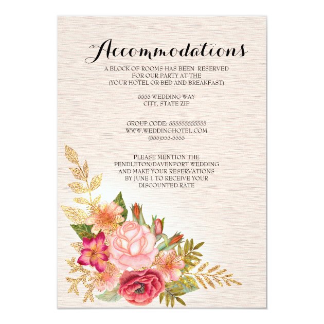 Pink Watercolor Floral Wedding Accommodations Card