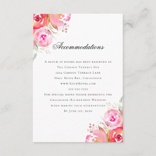 Pink Watercolor Floral Wedding Accommodations Enclosure Card
