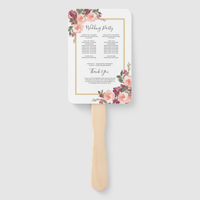 Pink Watercolor Floral Wedding Ceremony Program   Hand Fan (Back)