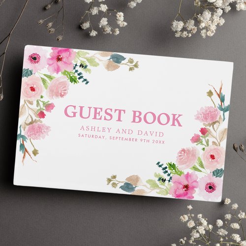 Pink Watercolor Floral Wedding Guest Book