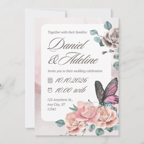 Pink watercolor floral wedding invitation