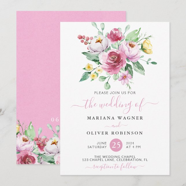 Pink Watercolor Floral Wedding Invitation (Front/Back)