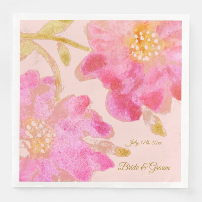 Pink Watercolor Floral Wedding Napkins (Front)
