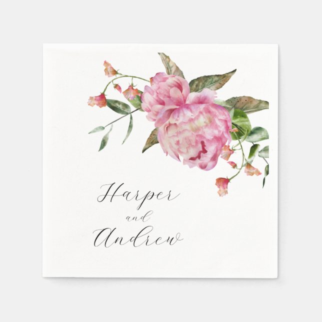 Pink Watercolor Floral Wedding Napkins (Front)