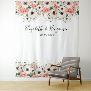Pink Watercolor Floral Wedding Photo Backdrop