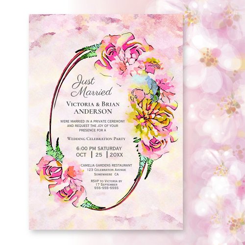 Pink Watercolor Floral Wedding Reception Invitation