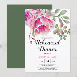 Pink watercolor floral wedding rehearsal dinner invitation