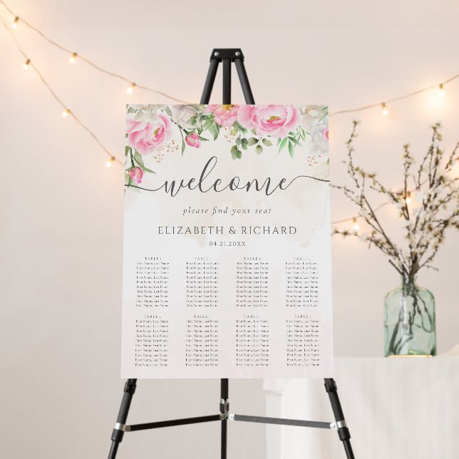 Pink Watercolor Floral Wedding Seating Chart  Foam Board (In Situ (Stand))