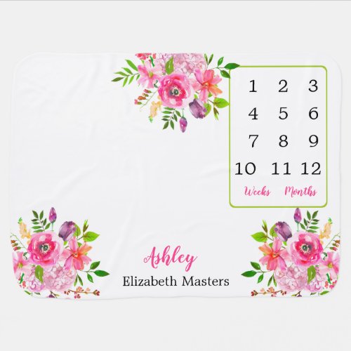 Pink Watercolor Floral Week  Month Milestone Baby Blanket