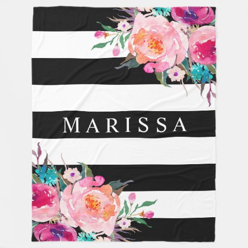 Pink Watercolor Floral White ANY COLOR Stripe Fleece Blanket