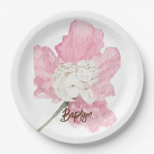 Pink Watercolor Floral White Child Angel Baptism Paper Plates