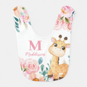 Pink Watercolor Floral with Giraffe Monogram Baby Bib