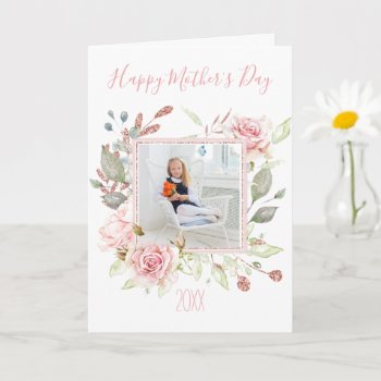 Pink Watercolor Floral With Photo Mother's Day Card by MaggieMart at Zazzle
