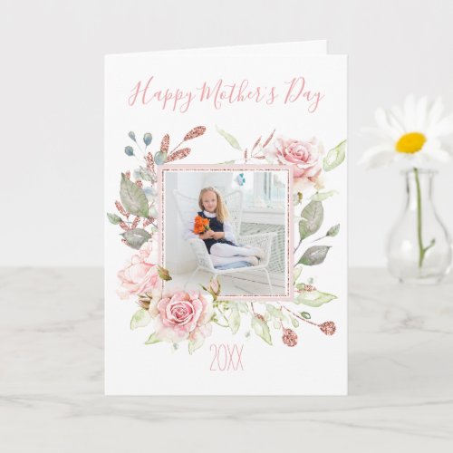 Pink Watercolor Floral with Photo Mothers Day Card