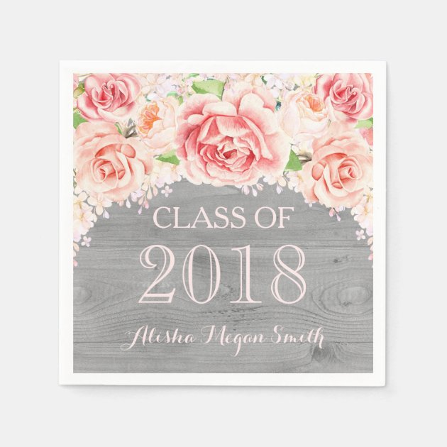 Pink Watercolor Floral Wood 2018 Graduation Napkin