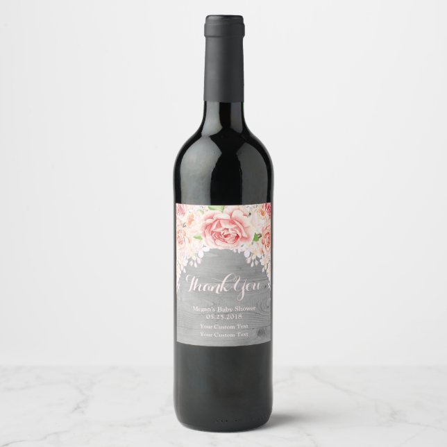 Pink Watercolor Floral Wood Baby Shower Label (Front)