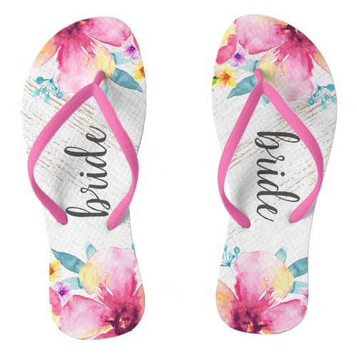 Pink Watercolor Floral Wood Look Rustic Honeymoon Flip Flops