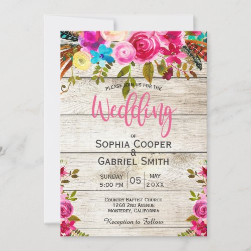 Pink Watercolor Floral Wood Typography Wedding Invitation