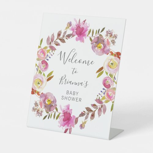 Pink Watercolor Floral Wreath Baby shower welcome Pedestal Sign