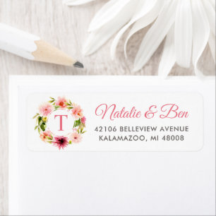 Pink Watercolor Floral Wreath Monogram Address Label
