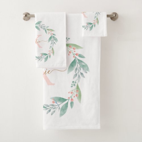 Pink Watercolor Floral Wreath Monogram Bath Towel Set