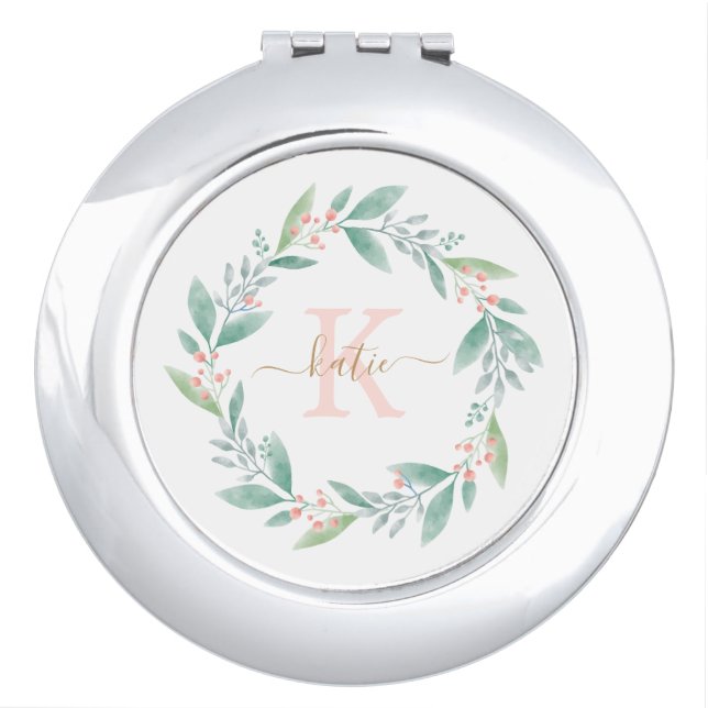 Pink Watercolor Floral Wreath Monogram Compact Mirror (Front)