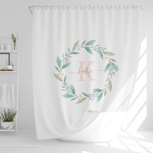 Pink Watercolor Floral Wreath Monogram Shower Curtain
