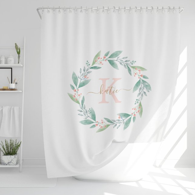 Pink Watercolor Floral Wreath Monogram Shower Curtain (Creator Uploaded)