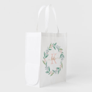 Pink Watercolor Floral Wreath Monogrammed Grocery Bag
