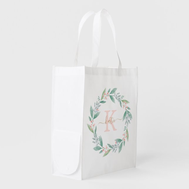 Pink Watercolor Floral Wreath Monogrammed Grocery Bag (Front Side)