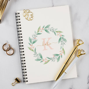Pink Watercolor Floral Wreath Monogrammed Notebook