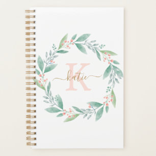 Pink Watercolor Floral Wreath Monogrammed Planner