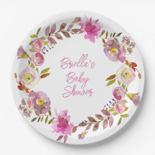 Pink Watercolor Floral Wreath Paper Plates