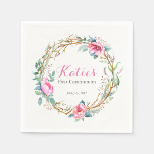 Pink Watercolor Floral Wreath Party Napkins