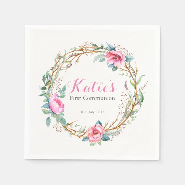 Pink Watercolor Floral Wreath Party Napkins (Front)