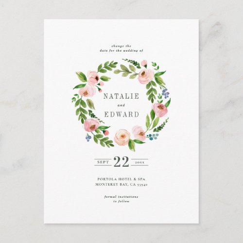 Pink watercolor floral wreath postponed wedding announcement postcard