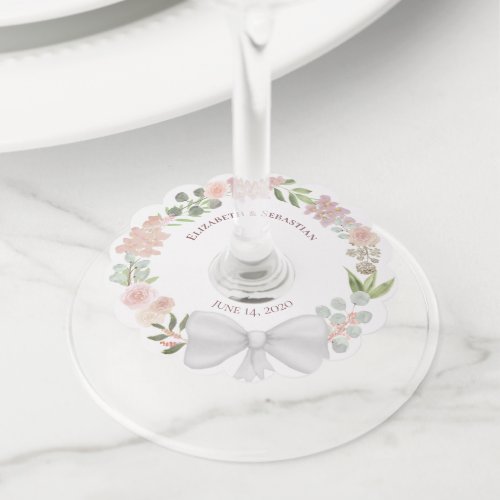 Pink Watercolor Floral Wreath Rustic Boho Wedding Wine Glass Tag