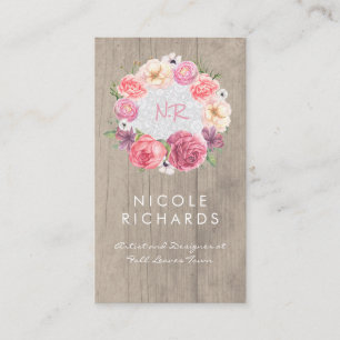 Pink Watercolor Floral Wreath Rustic Wood and Lace Business Card