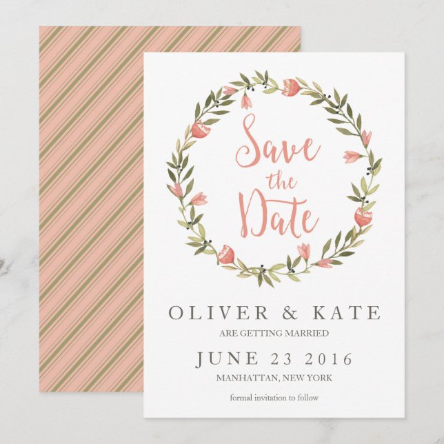 Pink Watercolor Floral Wreath Save the Date (Front/Back)