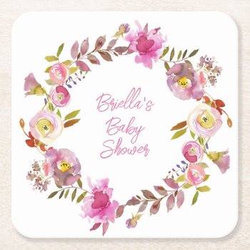 Pink Watercolor Floral Wreath Square Paper Coaster by lemontreecards at Zazzle